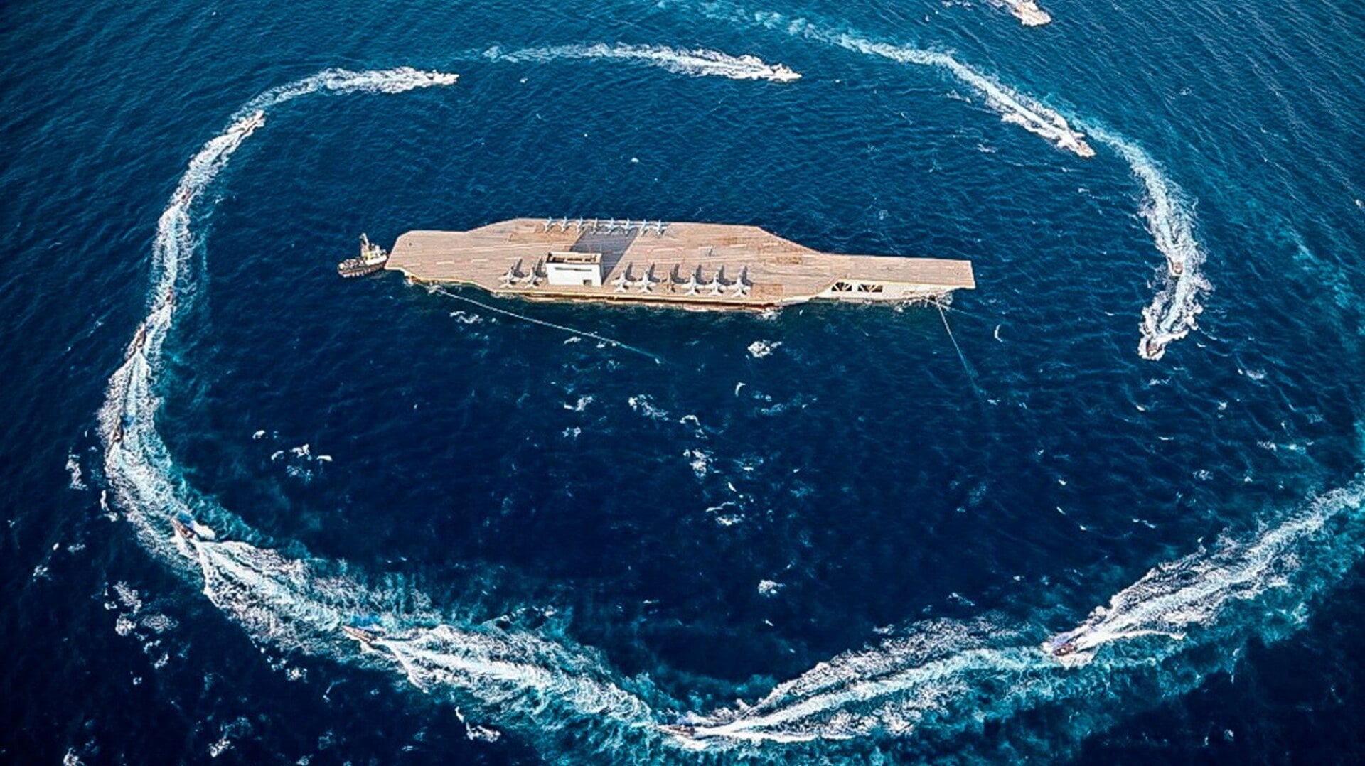 IRGC speed boats surrounding the carrier in a photo released July 28, 2020. This photo was released by the IRGC and cannot be independently verified.