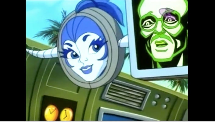 Future-Blight’s sentient AI GAL flirtatiously mocks Dr. Blight’s AI HAL.