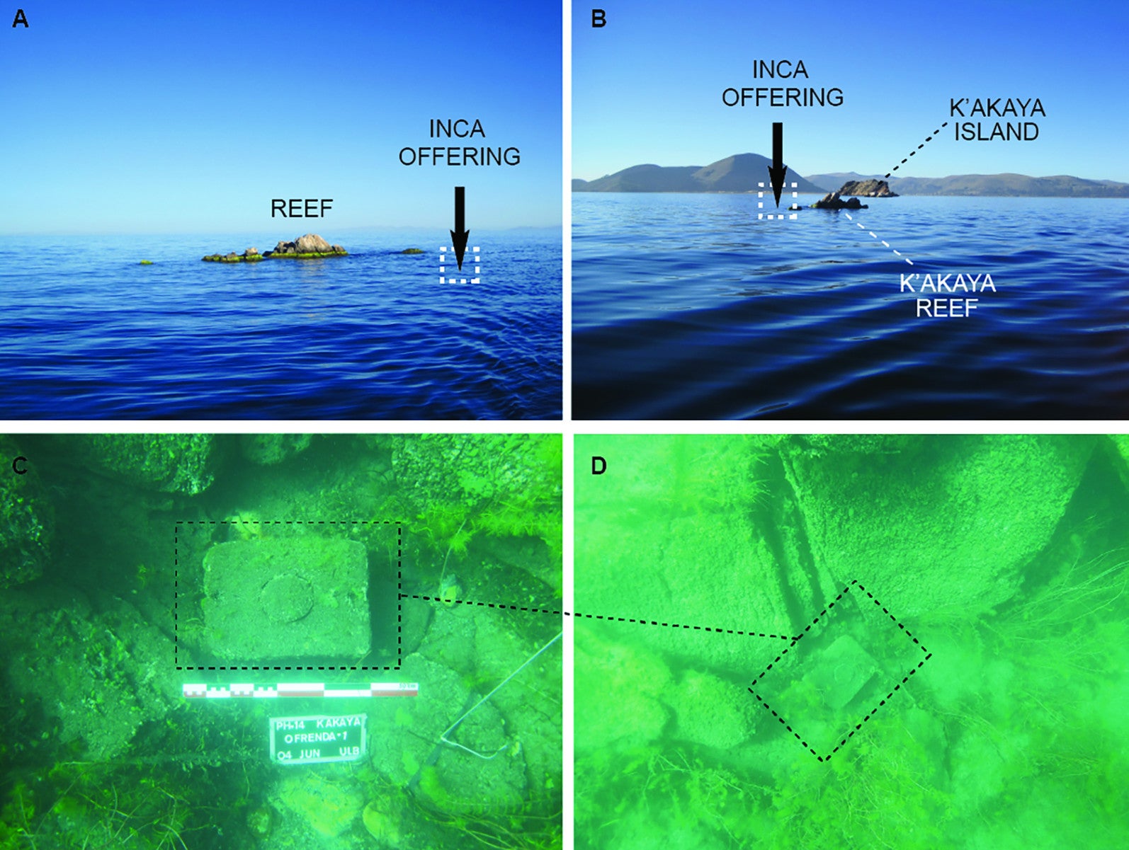 (A) View of the K’akaya reef and position of the offering, (B) location with respect to K’akaya Island, (C-D) theoffering as it was found on the lake bottom. 
