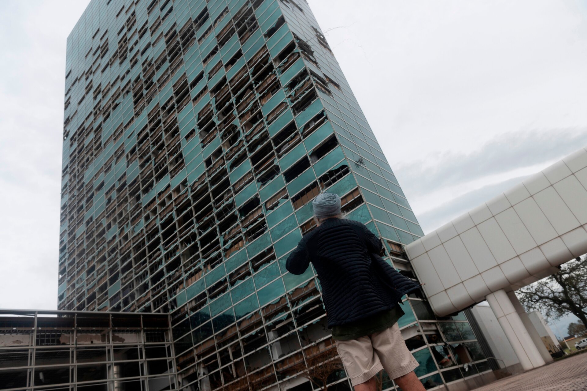 Capitol One Bank Tower is seen with its windows blown out in the downtown area after Hurricane Laura passed through on August 27, 2020 in Lake Charles, Louisiana.