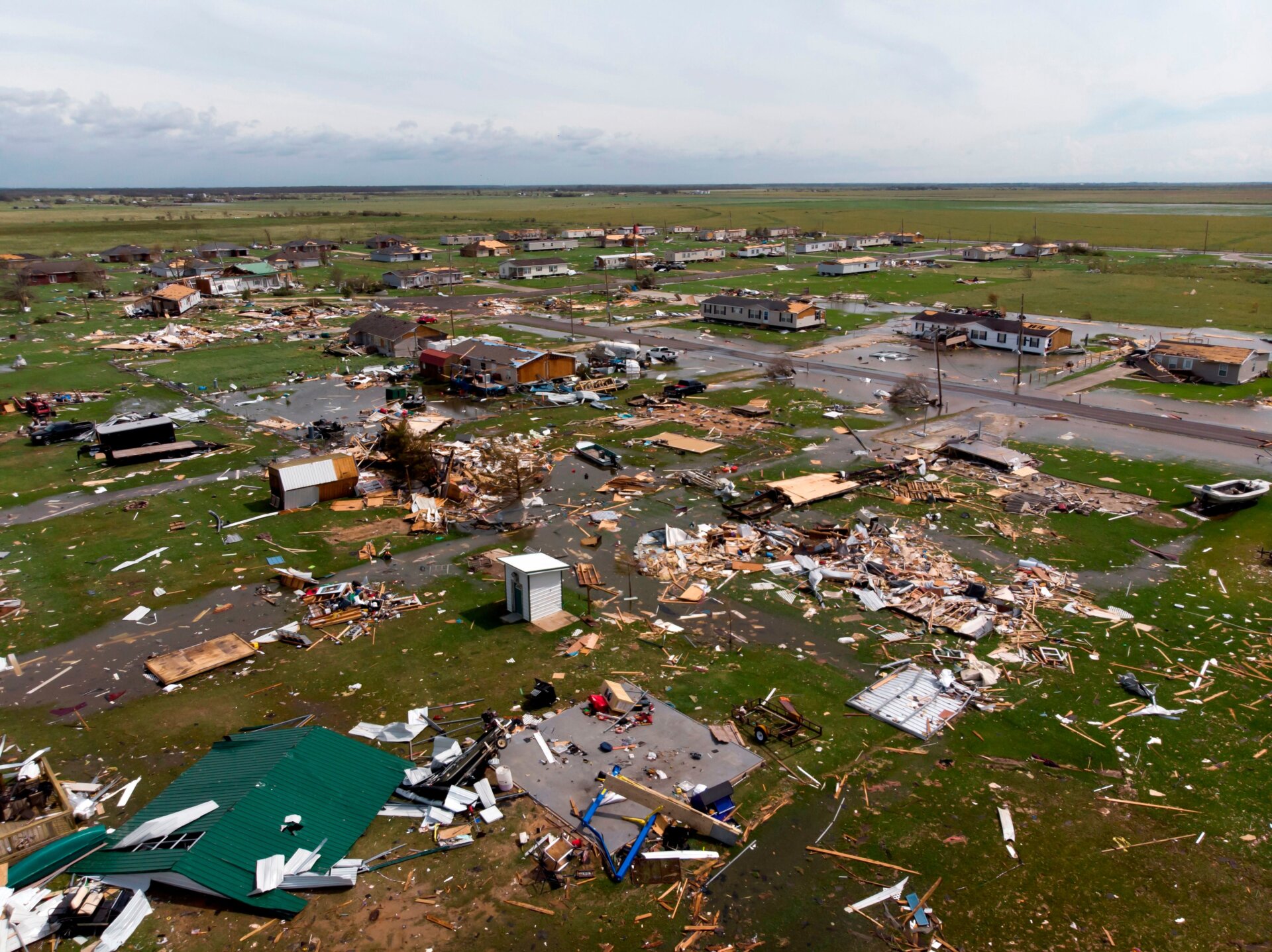 An aerial view shows damage to a neighborhood by Hurricane Laura outside of Lake Charles, Louisiana.