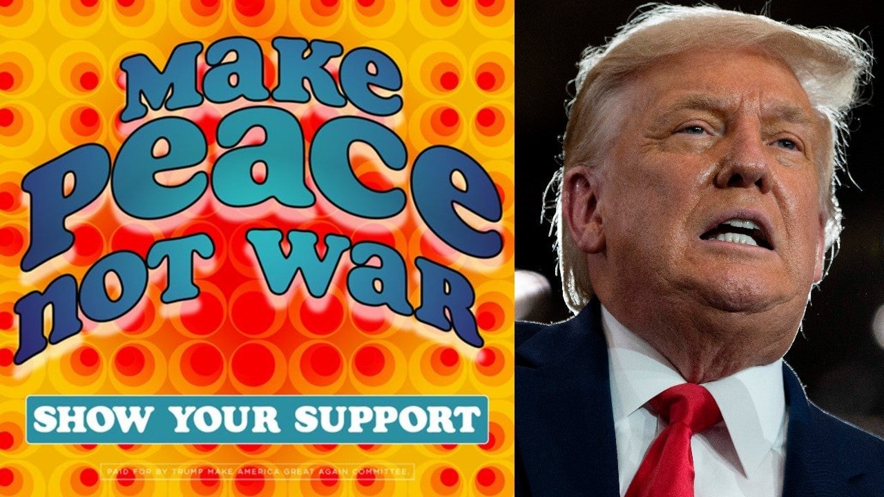 New Facebook ad run by the Trump campaign (left) and President Donald Trump speaking in Ohio on August 6, 2020.