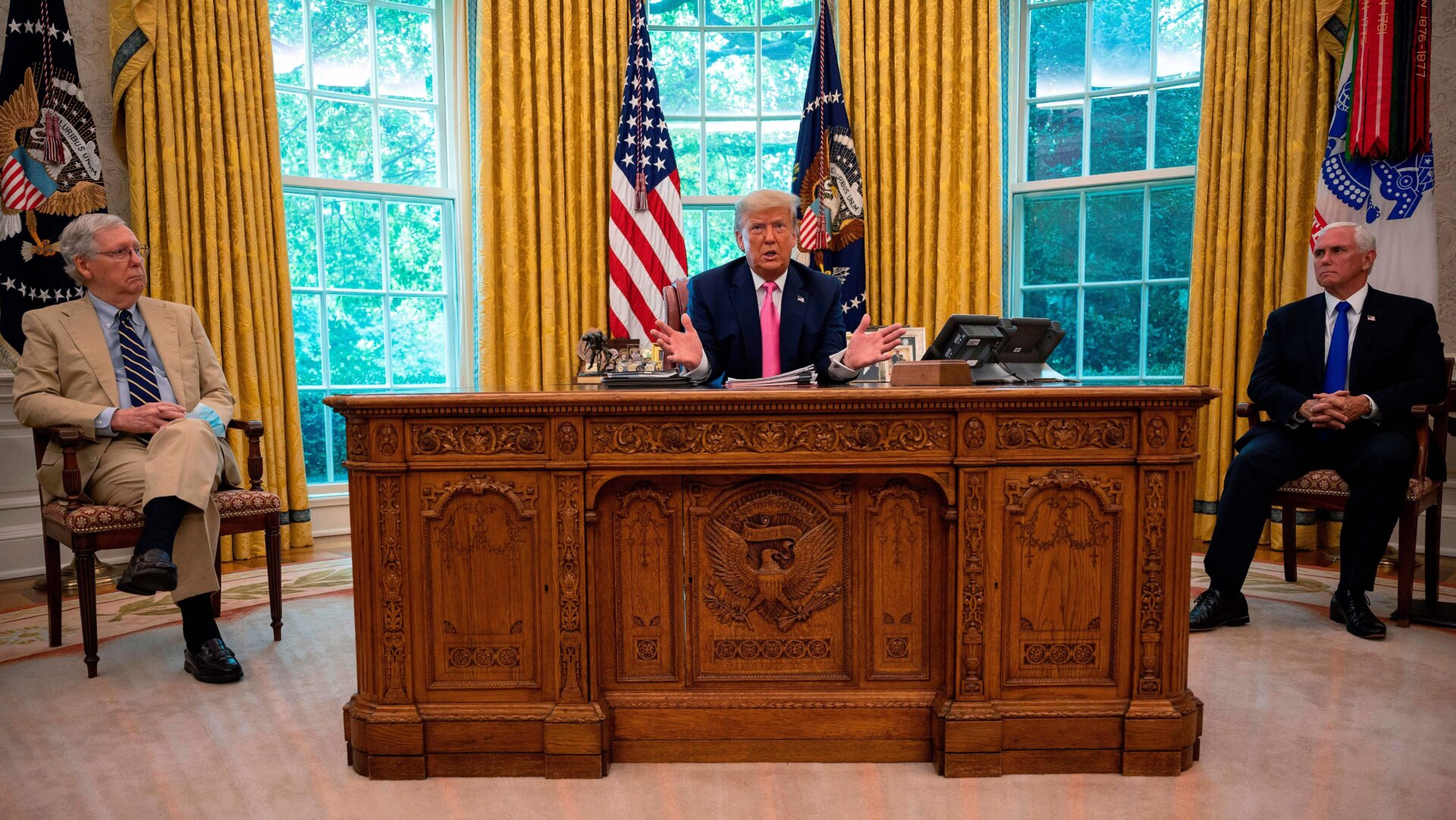 Senate Majority Leader Mitch McConnell, President Donald Trump, and Vice President Mike Pence chilling in the Oval Office.
