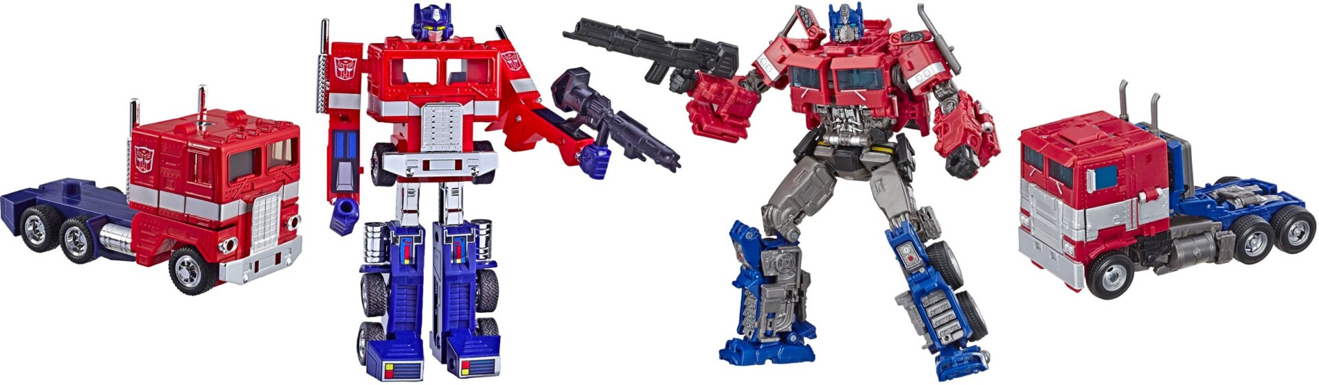 Hasbro’s original Transformers G1 Optimus Prime figure (re-issue) (Left) compared to its Transformers Studio Series Voyager Class Optimus Prime figure. (Right)