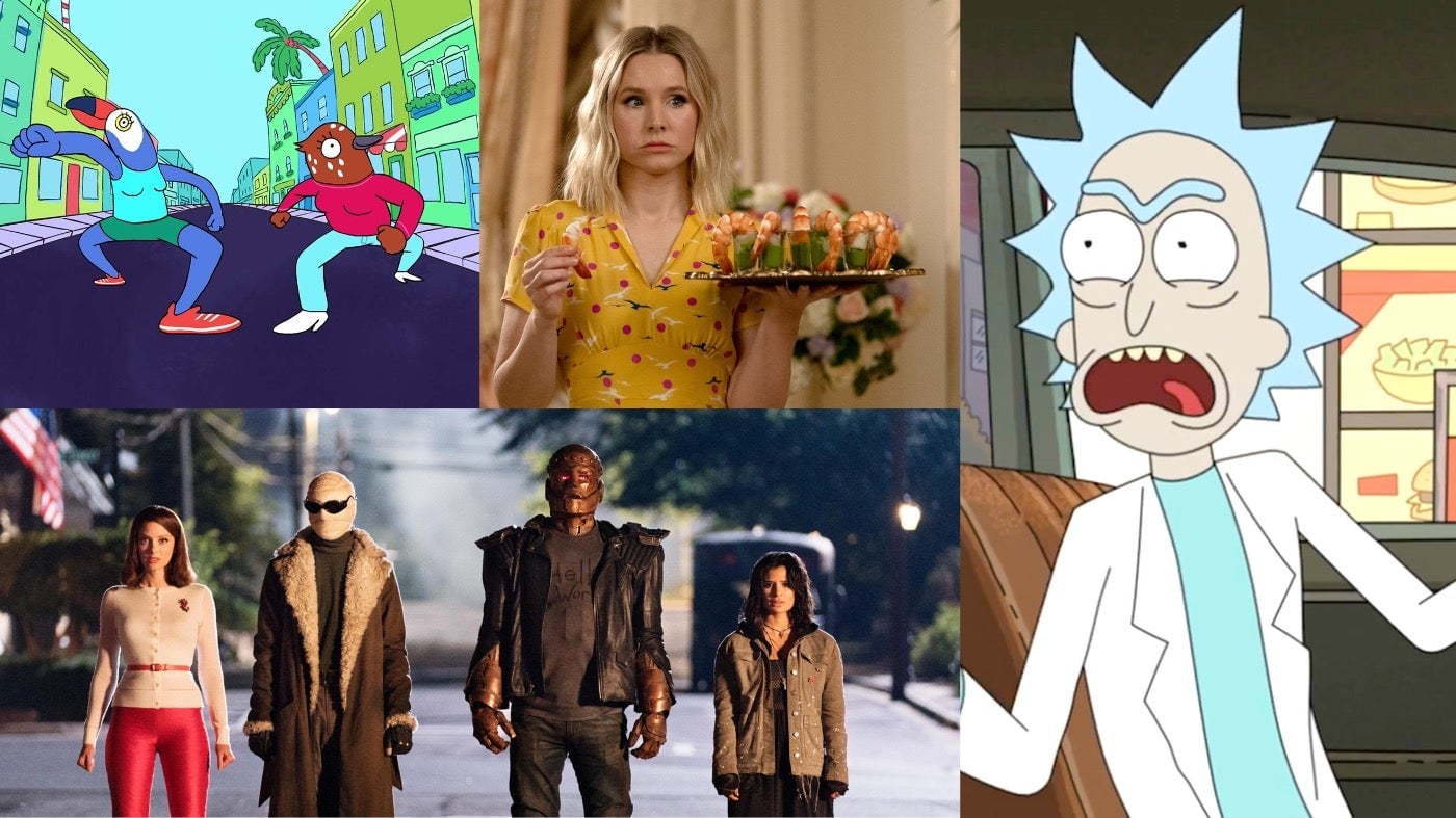 Clockwise from left: Tuca and Bertie, The Good Place, Rick and Morty, and Doom Patrol.