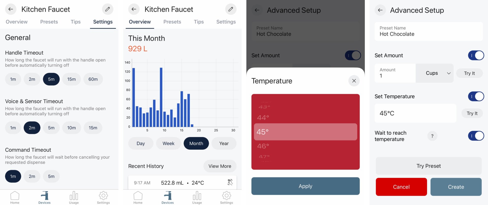 Moen has come up with some clever functionality for its smart faucet, including automatic timeouts so taps are never accidentally left running, water usage tracking, and presets that can be precisely configured with exact amounts and water temperatures.