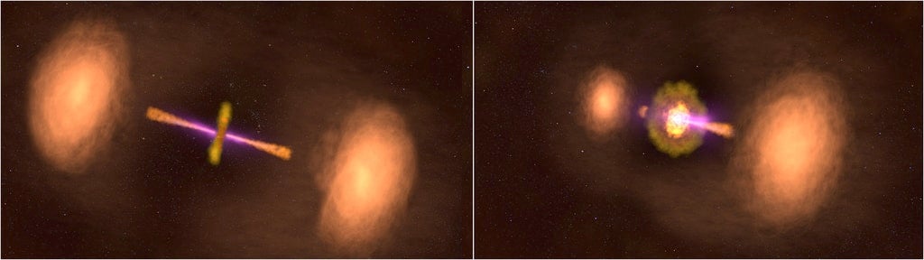 Artist’s interpretation of the active galactic nucleus, as it would be seen perpendicularly (left), and as we see it off-angle from Earth (right). 