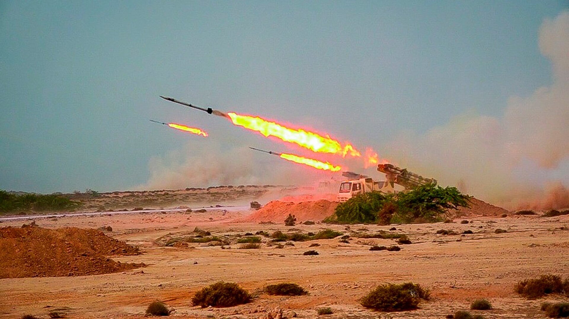 IRGC multiple launch rocket systems firing during live-fire exercises in a photo released July 28, 2020. This photo was released by the IRGC and cannot be independently verified