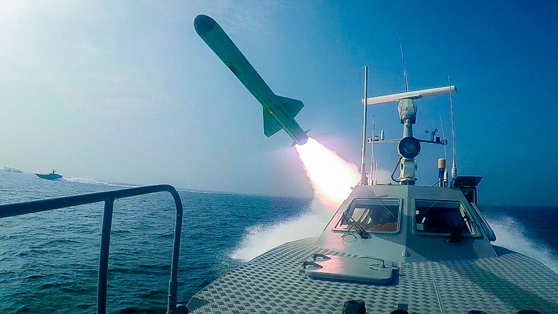 An IRGC speedboat launching missiles during live-fire exercises in a photo released on July 28, 2020. This photo was released by the IRGC and cannot be independently verified