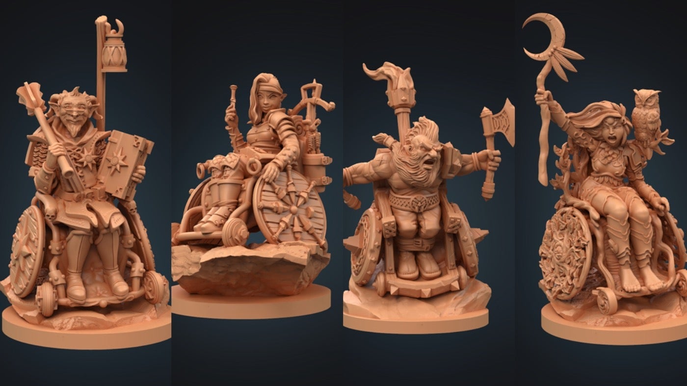A collection of new combat wheelchair miniatures for Dungeons & Dragons.