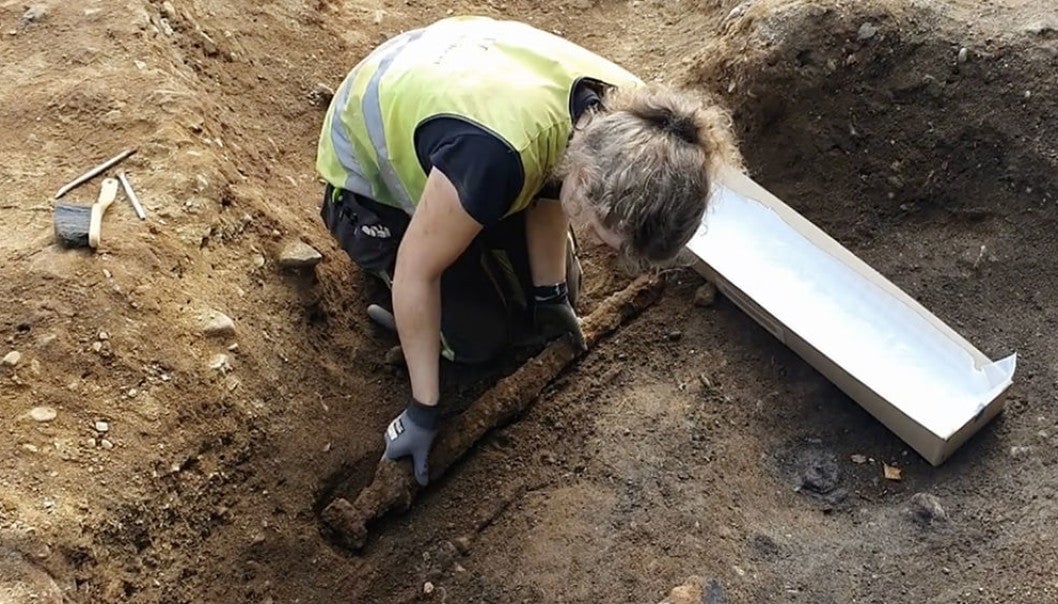 NTNU archaeologist Astrid Kviseth pulling the sword from the grave.