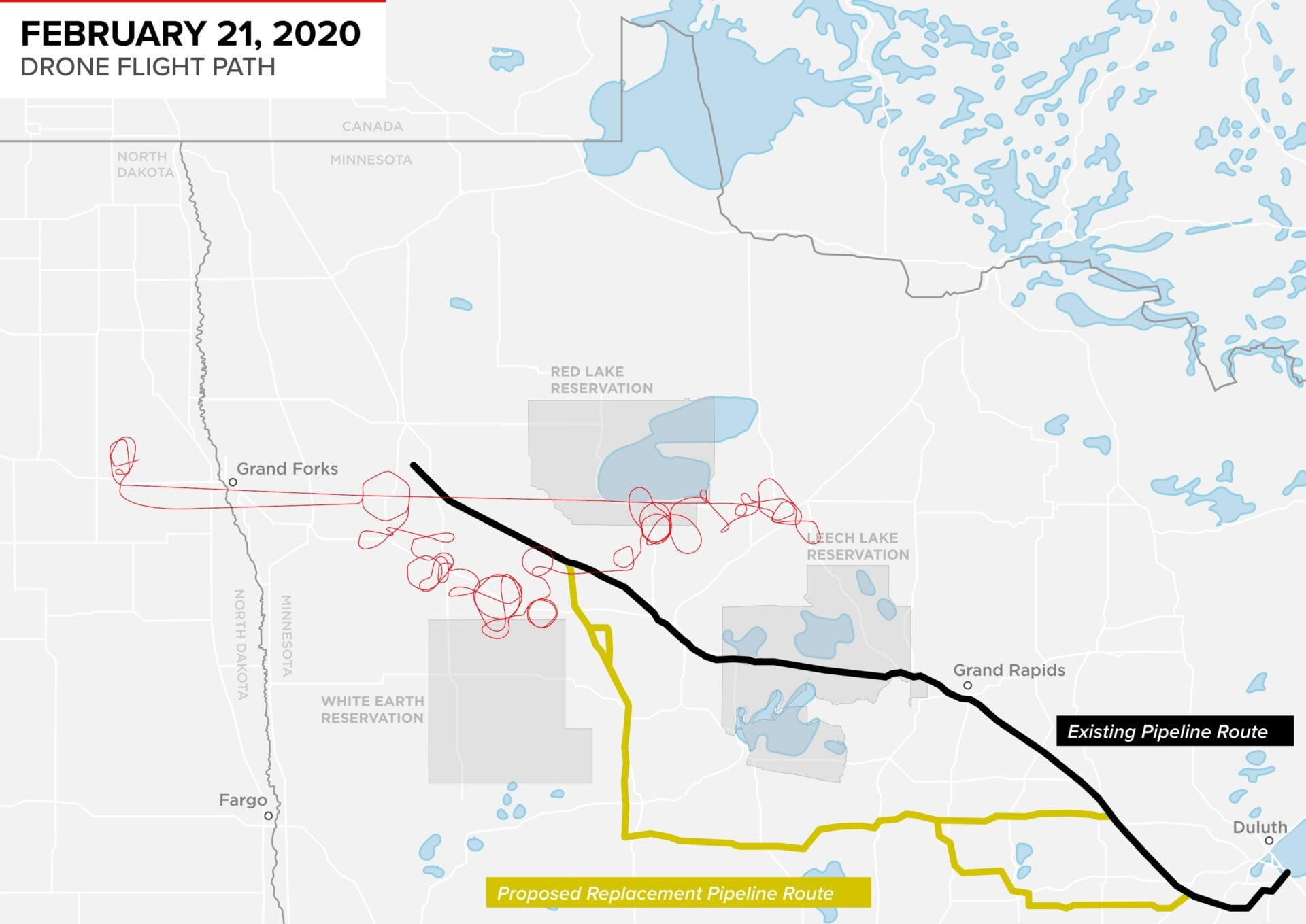 The red line shows the drone route over the region on Feb. 21, the day it flew over Goldtooth’s house. The existing portion of Line 3 is in black, and the proposed replacement route is in yellow. Earther is withholding the exact location of Goldtooth’s house to respect his privacy.