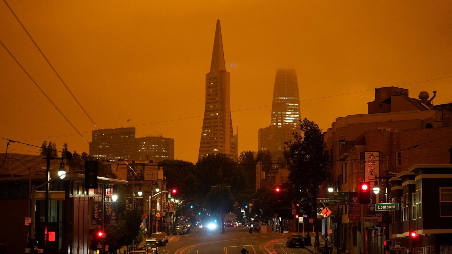 San Francisco’s Transamerica Pyramid and Salesforce Tower shrouded in smoke from wildfires.