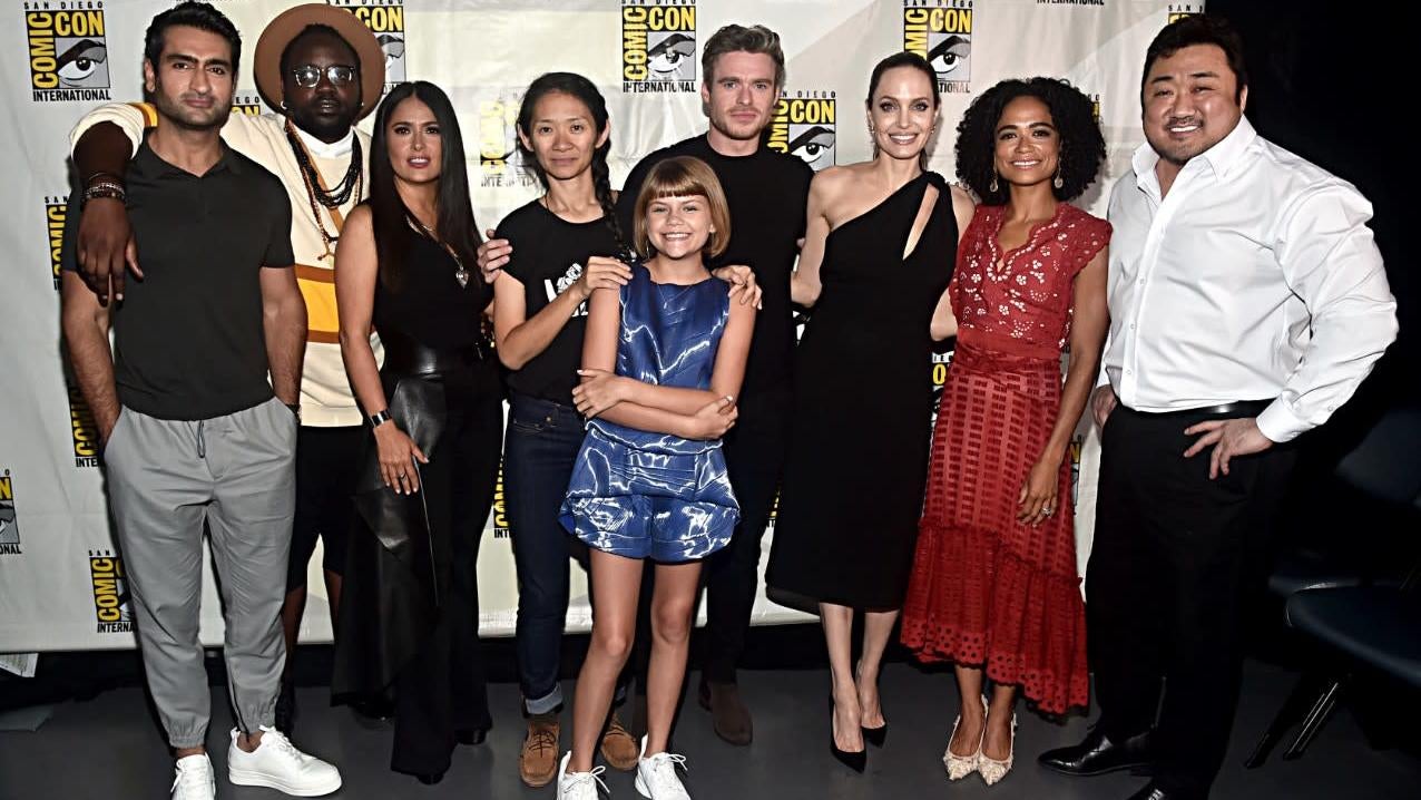 Team Eternals at Comic-Con last year: Kumail Nanjiani, Brian Tyree Henry, Salma Hayek, director Chloe Zhao, Lia McHugh, Richard Madden, Angelina Jolie, Lauren Ridloff, and Don Lee.