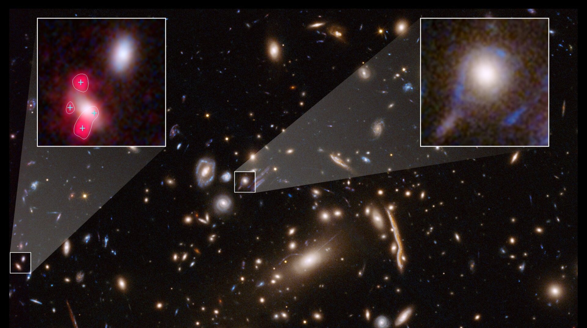Hubble image showing galaxy cluster MACSJ 1206, with individual galaxies shown inset, and warped by an astronomical effect known as gravitational lensing.