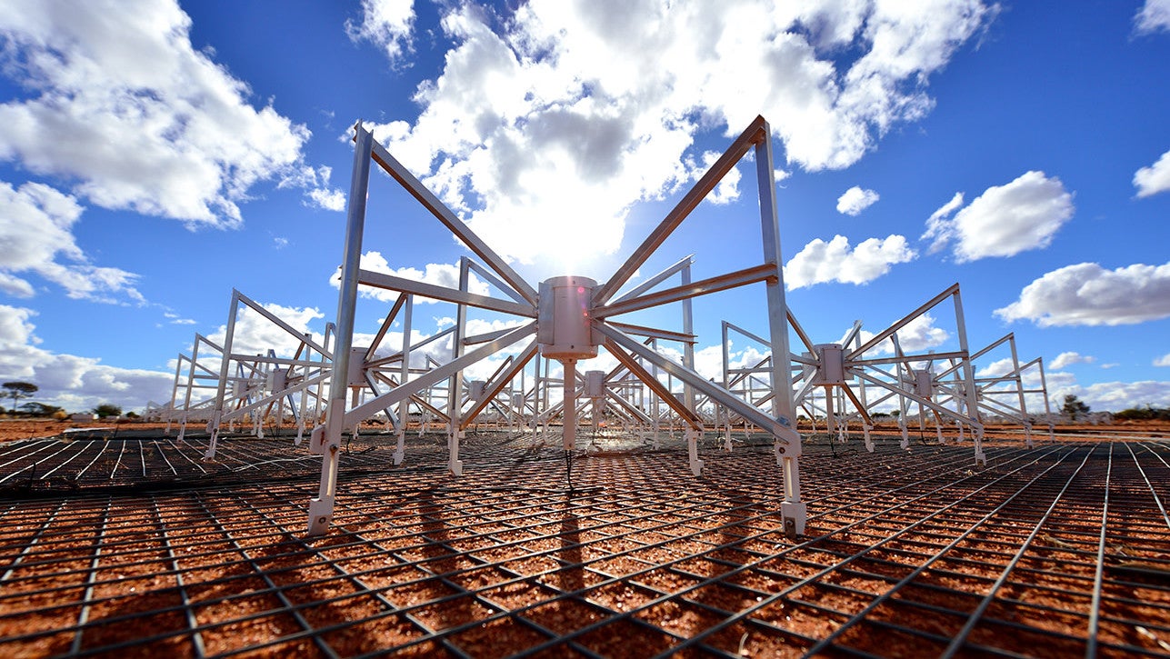 Dipole antennas of the Murchison Widefield Array MWA radio telescope in Western Australia.