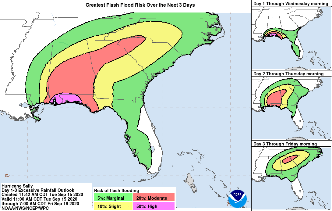 The flash flood potential from Hurricane Sally over the next three days.