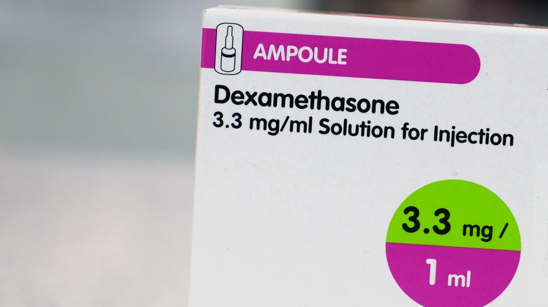 A box of dexamethasone injection ampoules at a chemists shop in London, England.