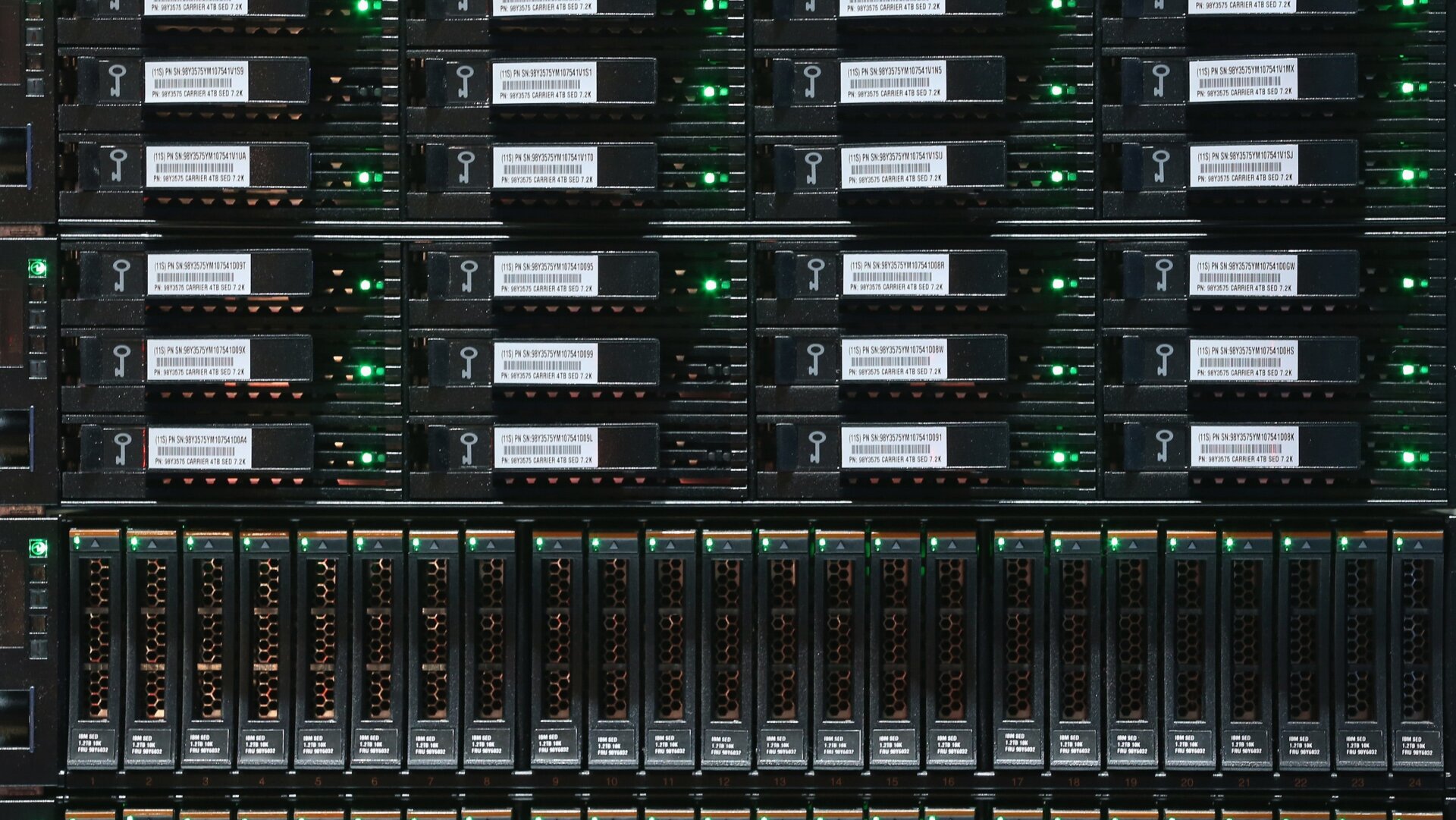 Data storage units plugged into an IBM mainframe at the CeBIT technology conference in Hanover, Germany in 2015; used here as stock photo.
