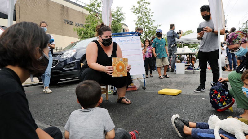 Students attend an outdoor learning session in the Red Hook neighborhood in New York City.