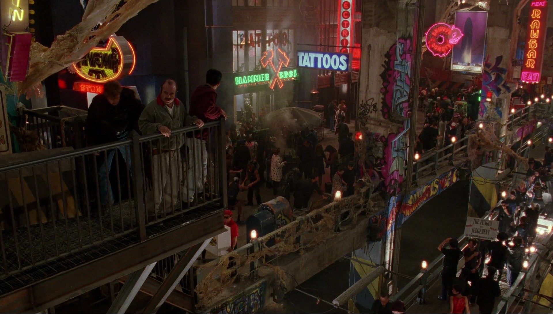 The Mario Bros. taking in Dinohattan in all its fungal glory.