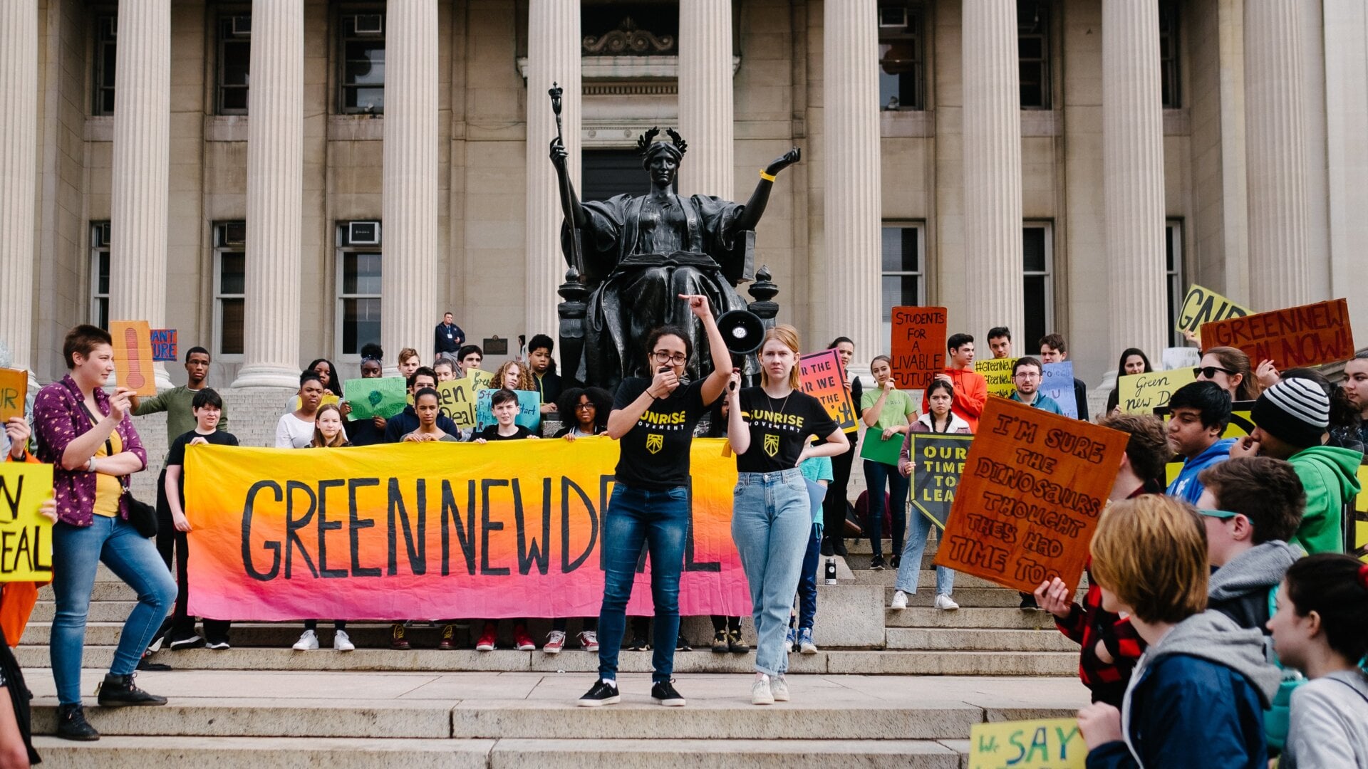 Sunrise Movement leaders at the Columbia University address a rally on campus during global climate strikes in March 2019.