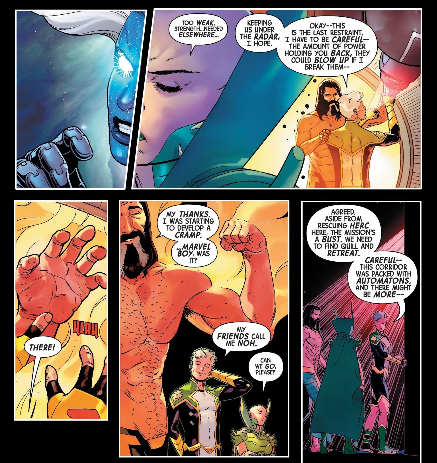 Moondragon telepathically bonding with Phyla-Vell as Marvel Boy and Hercules try to act casual in front of one another.