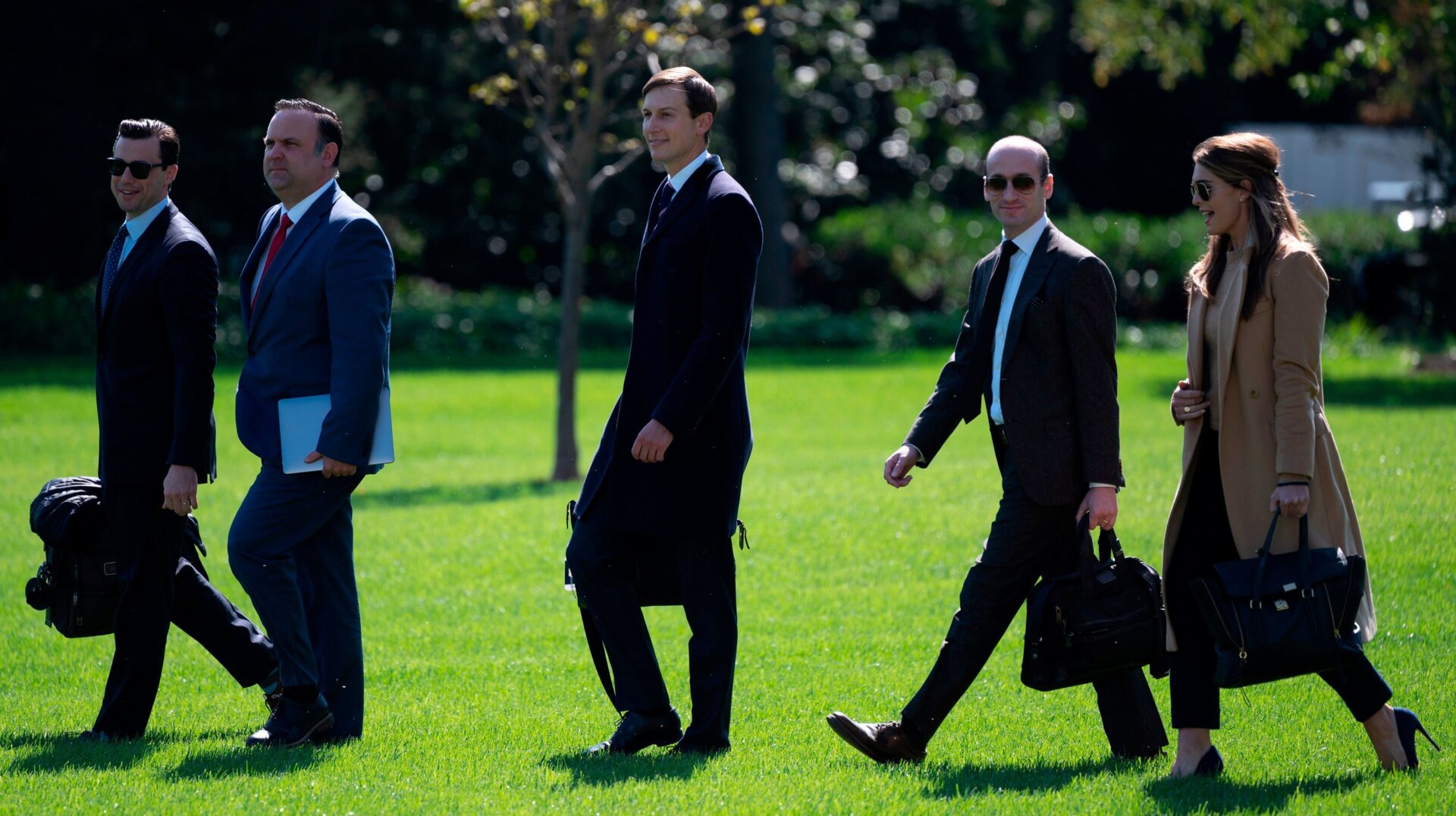 Left to the right: Director of Oval Office operations Nicholas Luna, deputy chief of staff for communications Dan Scavino, senior adviser Jared Kushner, senior adviser Stephen Miller, and counselor to the president Hope Hicks.