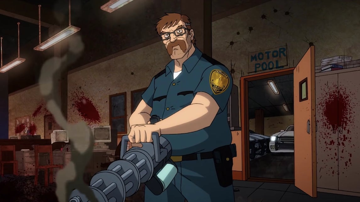 Jim Gordon murdering a bunch of criminals with a Gatling gun.