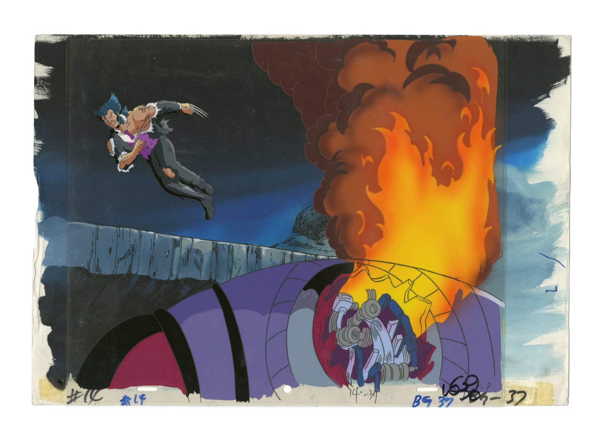 Production cel of Wolverine, in the Danger Room, ferociously destroying a Sentinel robot that looked like Cyclops—who at that moment is marrying Jean Grey. Wolverine is formally dressed to go to the wedding, but his despair at losing Jean to Scott keeps him away.
