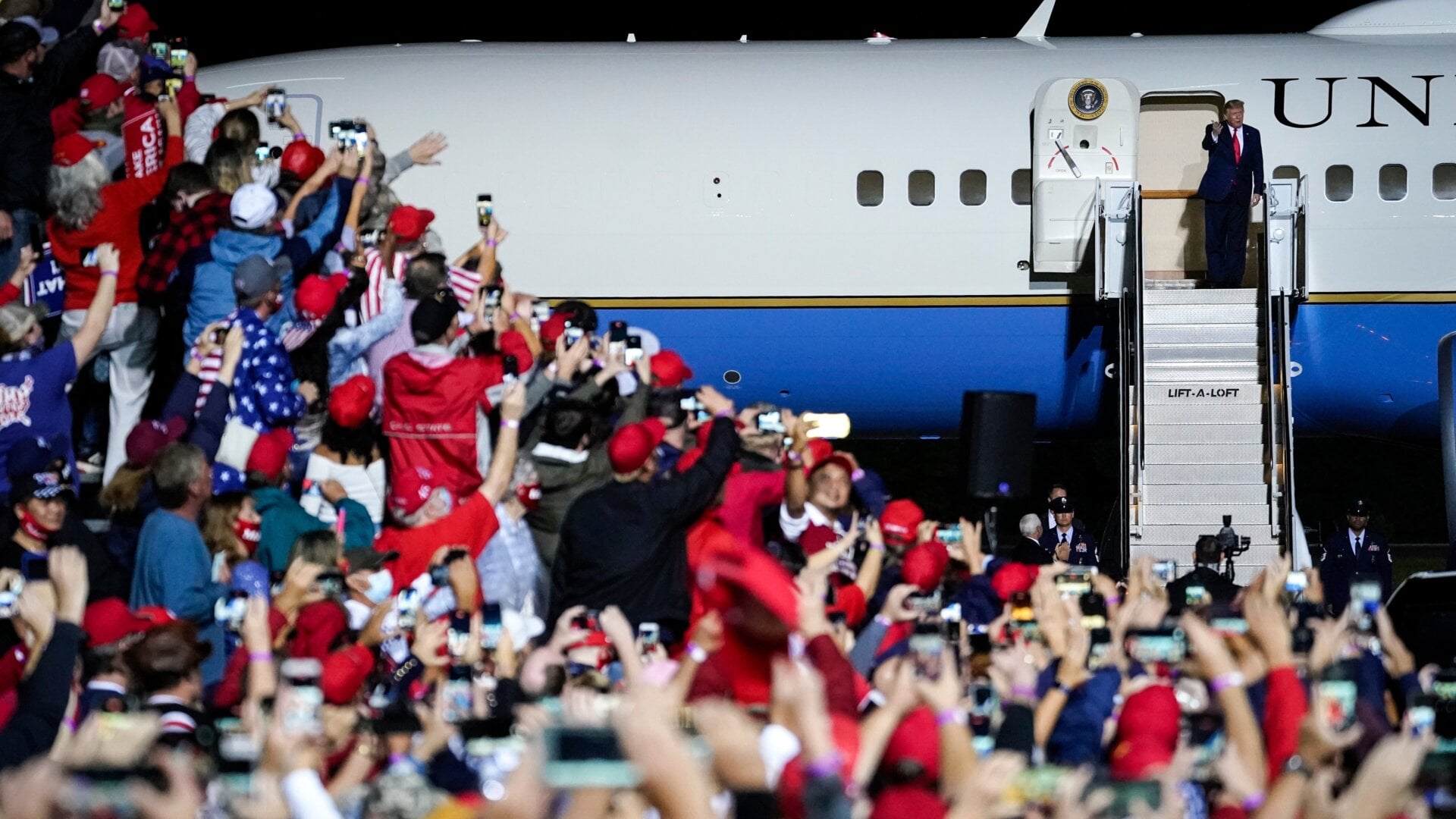 U.S. President Donald Trump arrives for a campaign rally at Newport News/Williamsburg International Airport on September 25, 2020 in Newport News, Virginia.