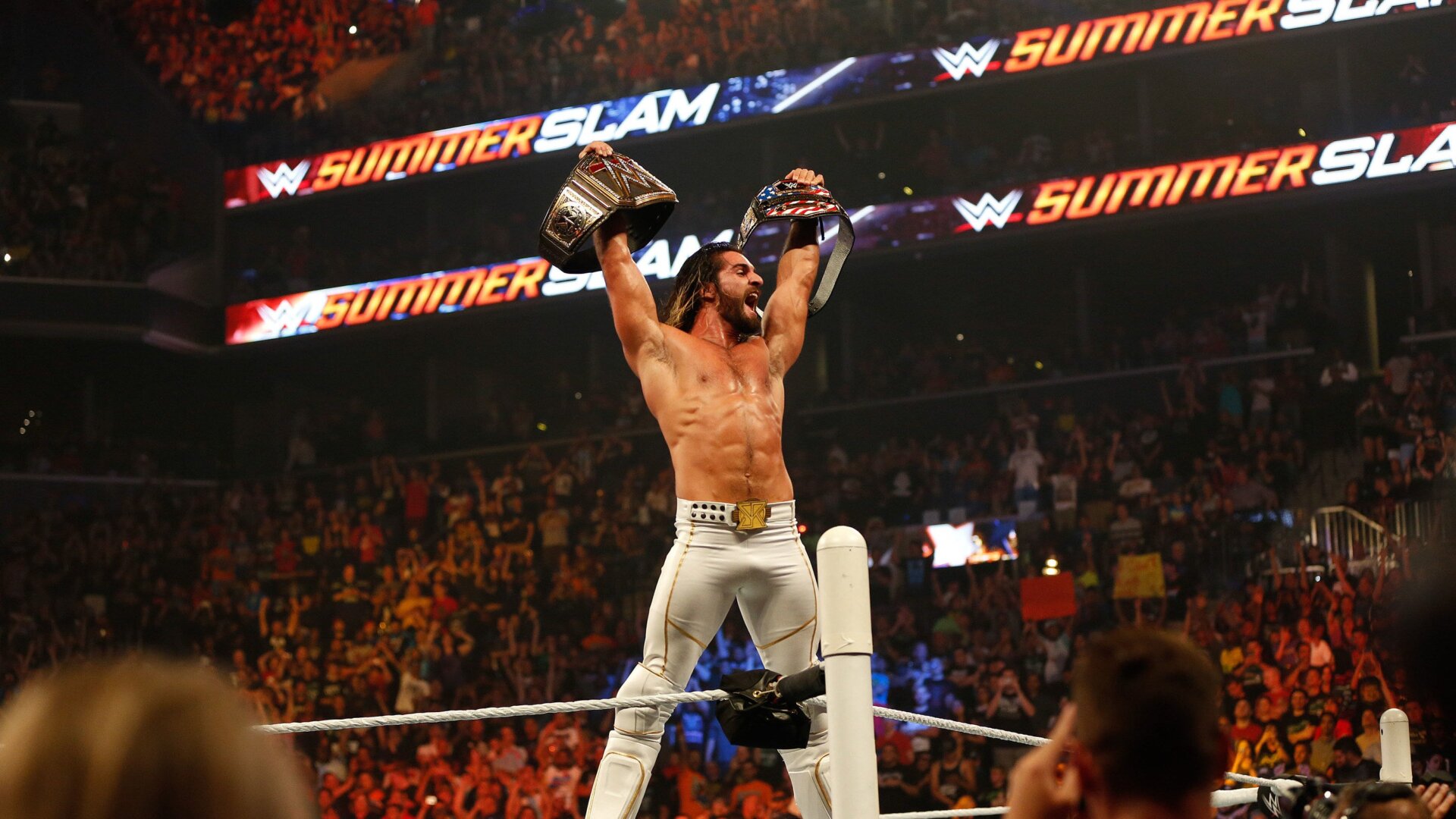 Seth Rollins celebrates his victory over John Cena at the WWE SummerSlam 2015 at Barclays Center of Brooklyn on August 23, 2015 in New York City.