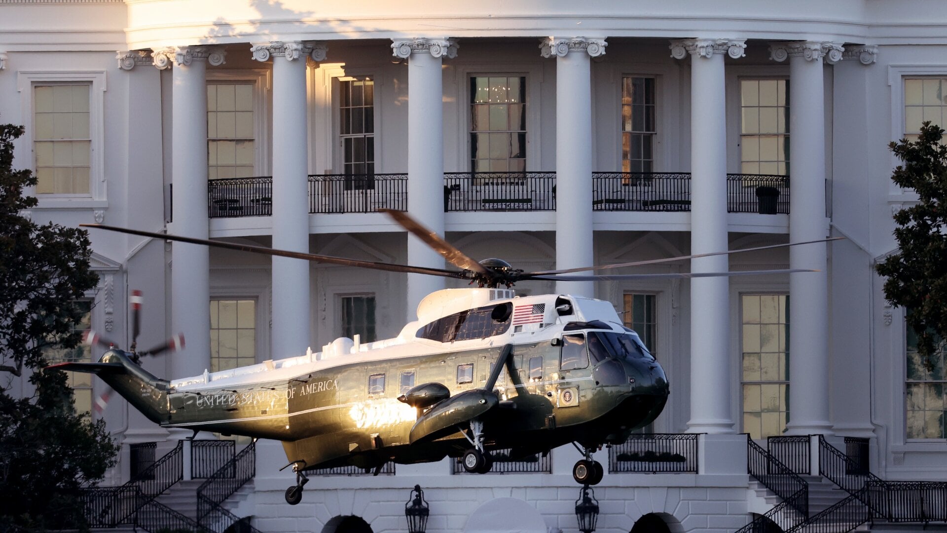 Marine One, the presidential helicopter, carries U.S. President Donald Trump away from the White House on the way to Walter Reed National Military Medical Center on October 2, 2020 in Washington, D.C.