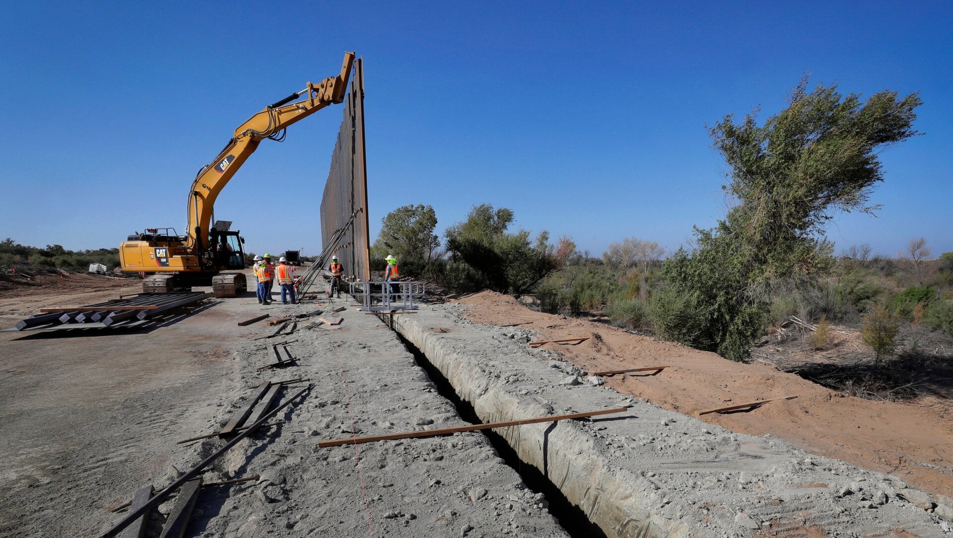A portion of the Pentagon-funded border wall being installed along the Colorado River in Yuma, Arizona.