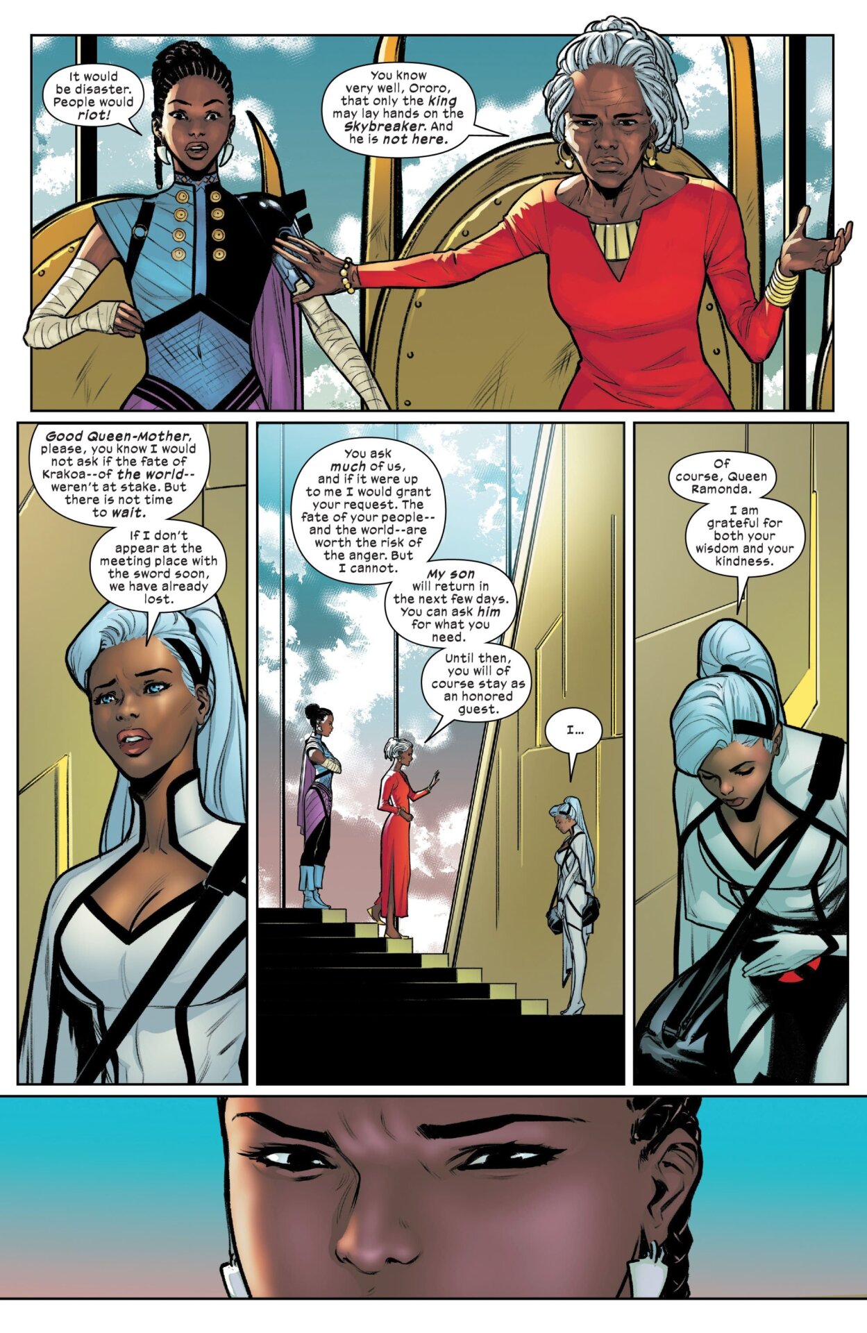 Storm imploring Shuri and Ramonda to let her have Skybreaker.