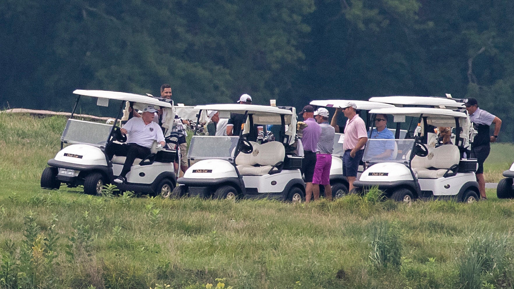 U.S. President Donald Trump golfs at Trump National Golf Club on August 1, 2020 in Potomac Falls, Virginia. 
