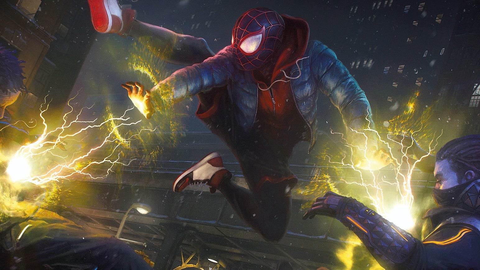 Miles Morales zapping two of his enemies on the cover of Marvel’s Spider-Man: Miles Morales - The Art of the Game.