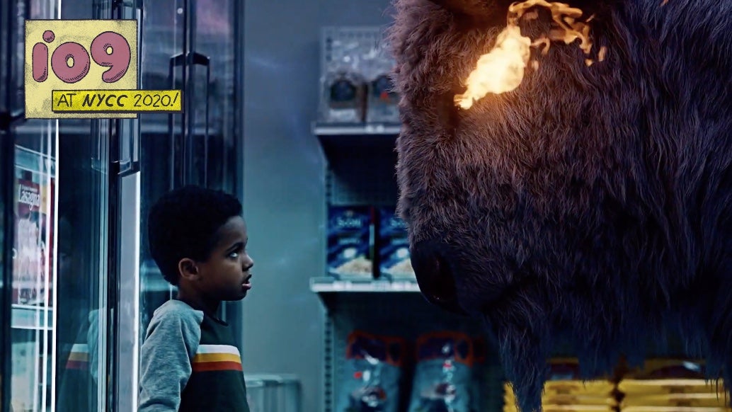 A young boy, potentially Shadow in a flashback, being confronted by a god.