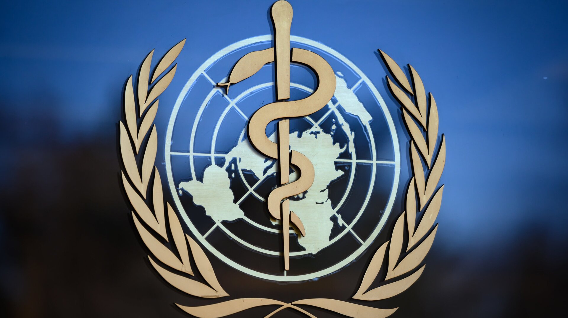 A photo of the logo of the World Health Organization at their headquarters in Geneva, Switzerland.