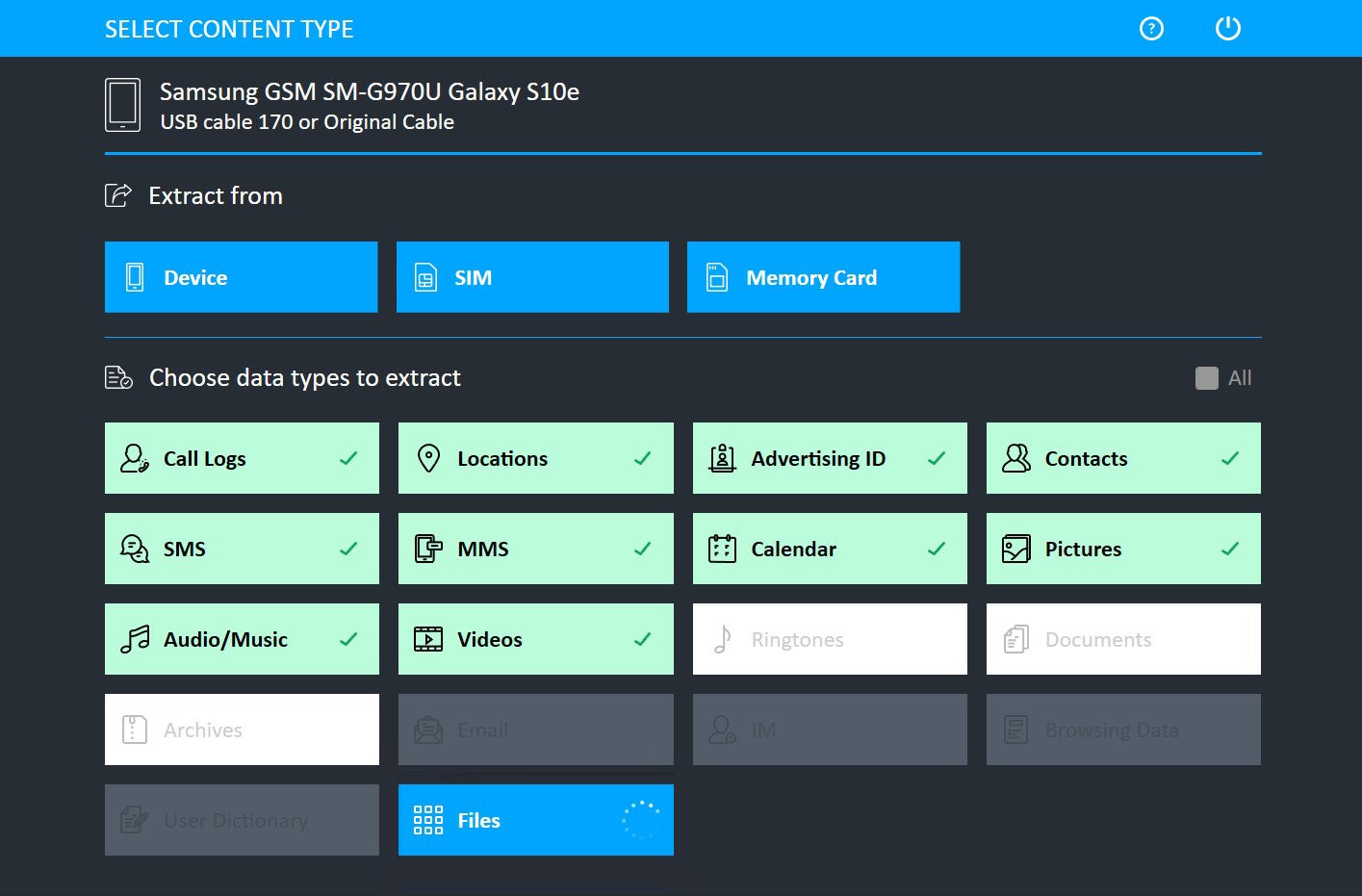 The “Select Content Type” screen of the Cellebrite UFED user interface, where the user can select the categories of data they want to extract from the phone’s internal storage, SIM card, and/or memory card. There is a convenient option to select “All” categories. (Caption by Upturn)