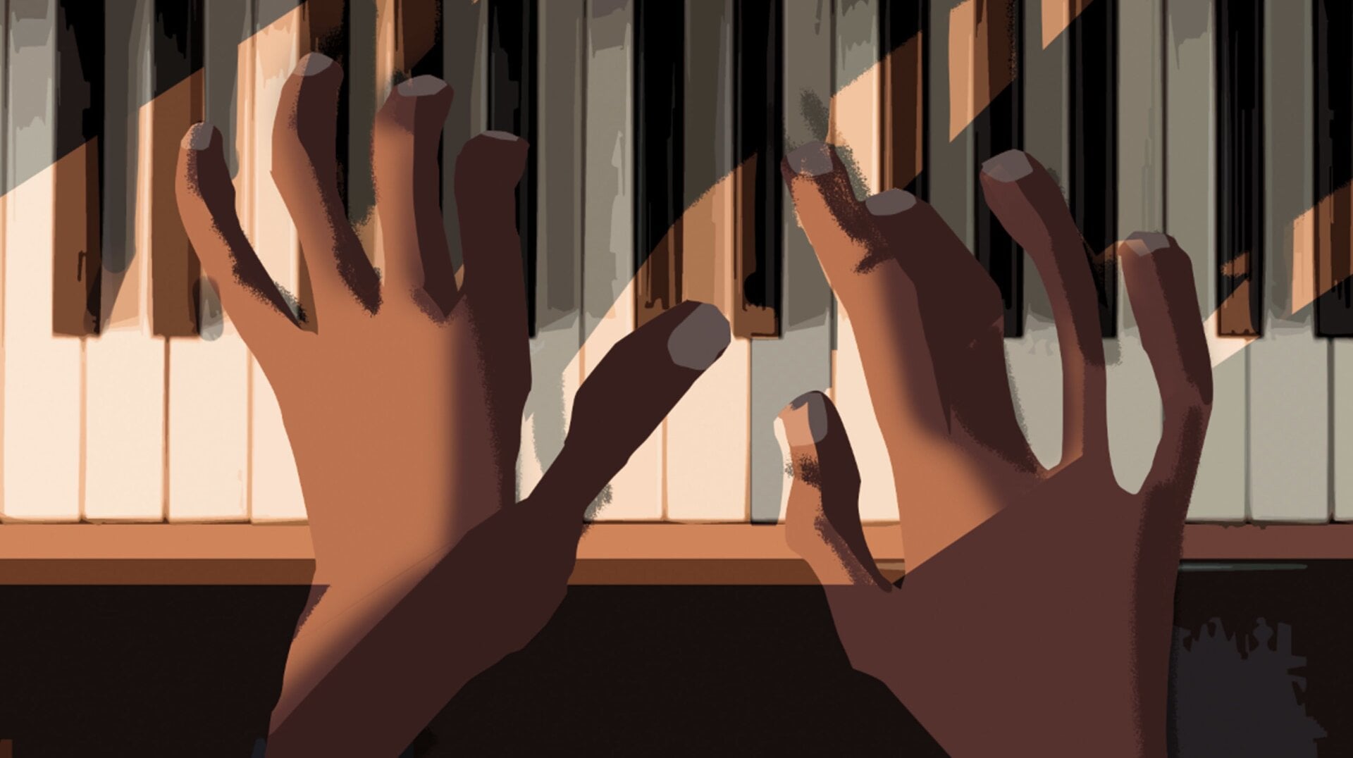 Some visual development art of a man playing piano for Pixar's Soul.