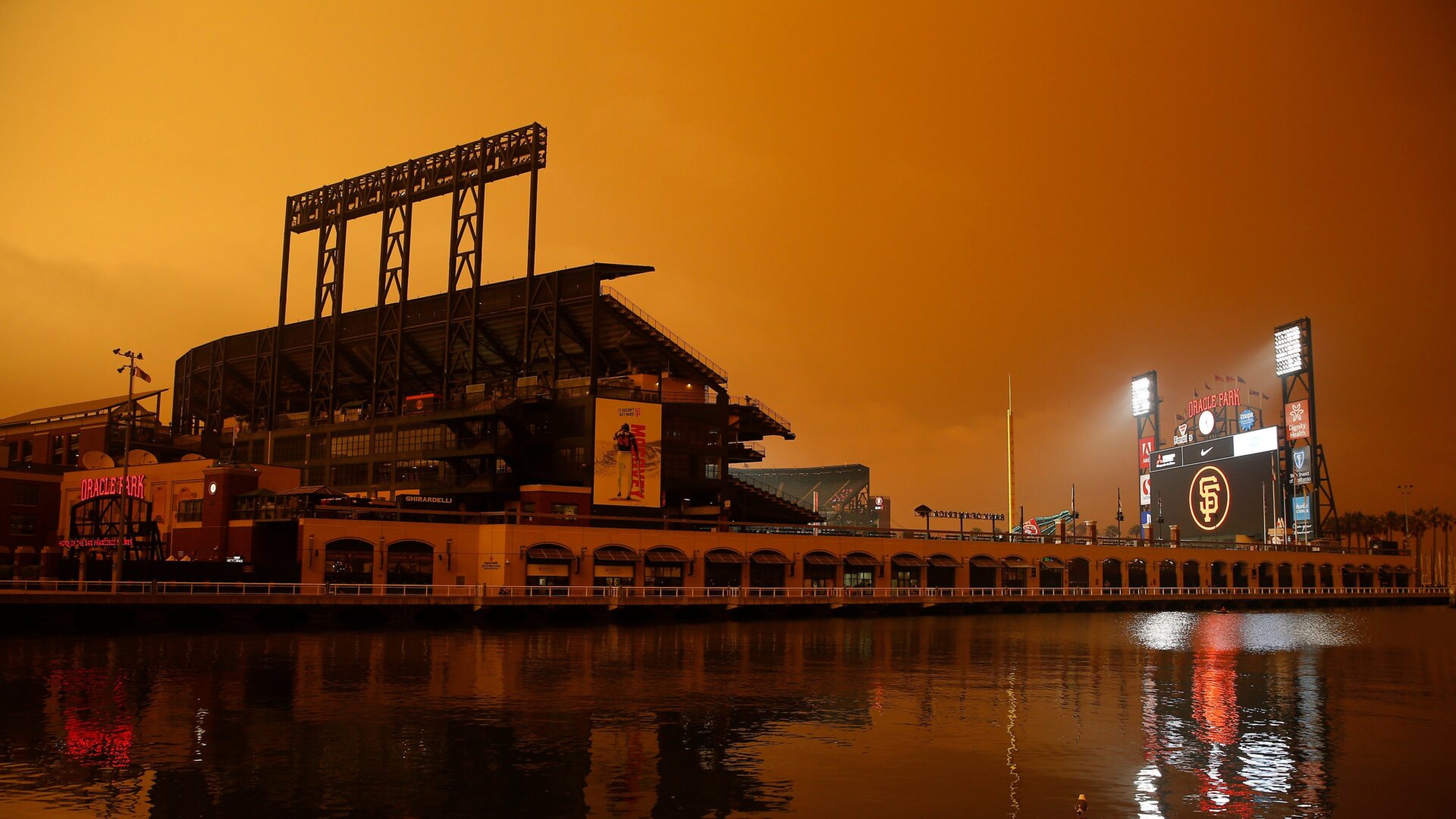 Include anAn exterior view of the ballpark before the game between the San Francisco Giants and the Seattle Mariners at Oracle Park on Sept. 9, 2020 in San Francisco, California. Smoke from various wildfires burning across Northern California has blanketed the city in an orange glow.