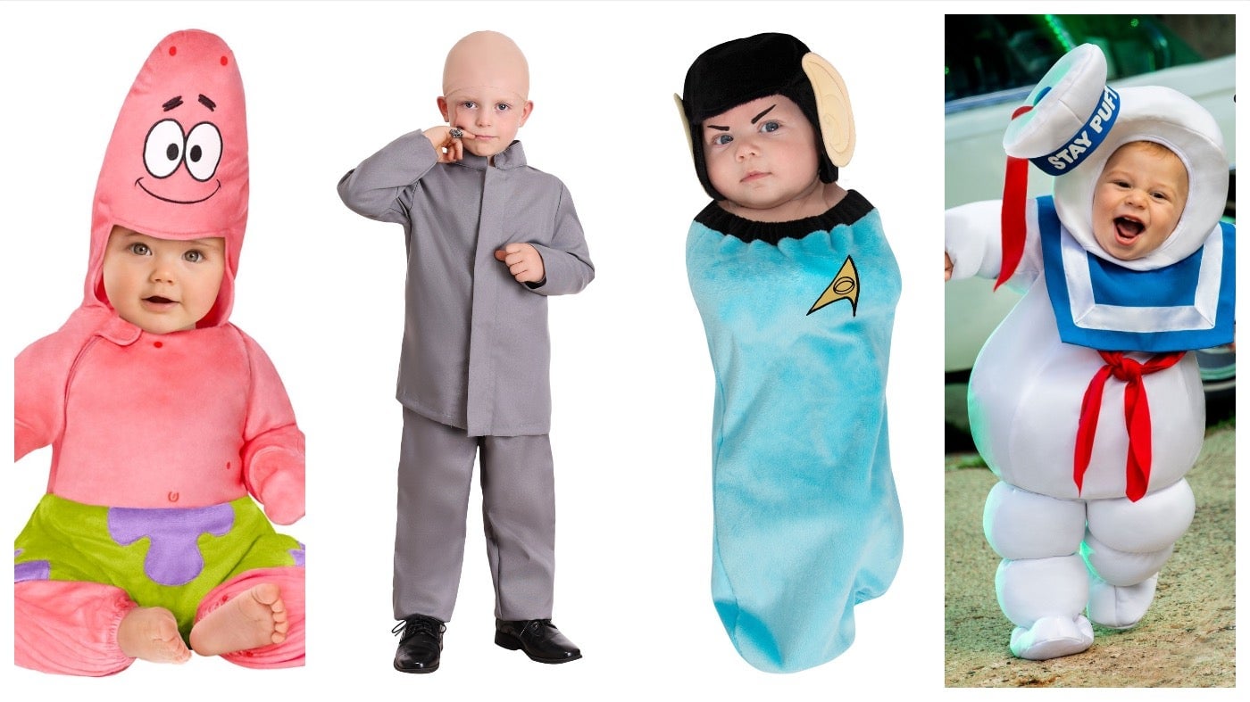 From left: Baby Patrick Star, Toddler Mini-Me, Star Trek Spock Newborn Bunting, Ghostbusters Infant Stay Puft.
