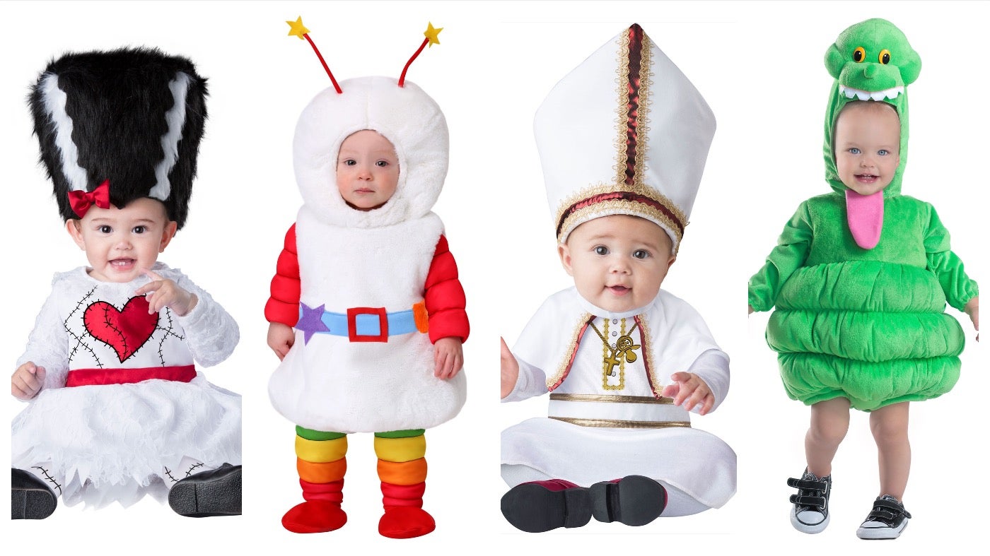 From left: Infant Monsters Bride, Infant Rainbow Brite Sprite, Infant Pint-Sized Pope, Child Deluxe Slimer.