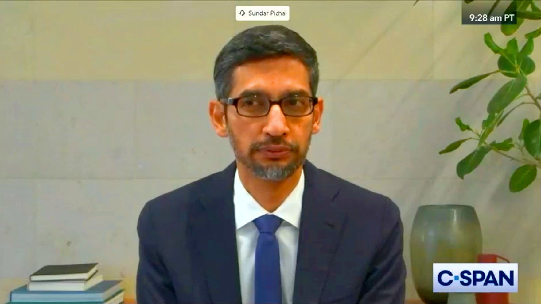 Sundar Pichai testifies before the Senate Commerce Committee via video chat.