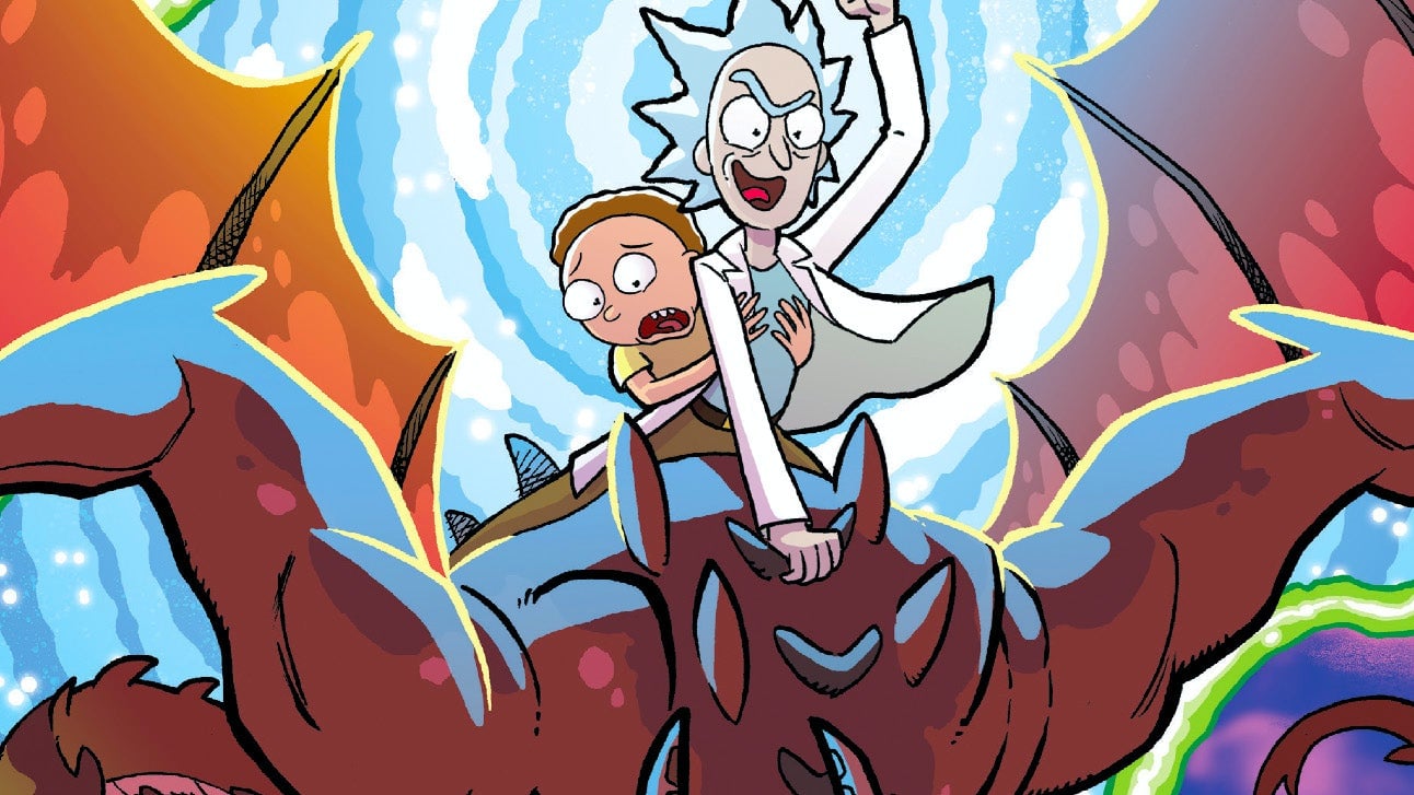 Rick and Morty riding a dragon through a portal.