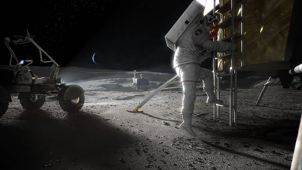 Concept image showing an Artemis astronaut stepping onto the lunar surface. 