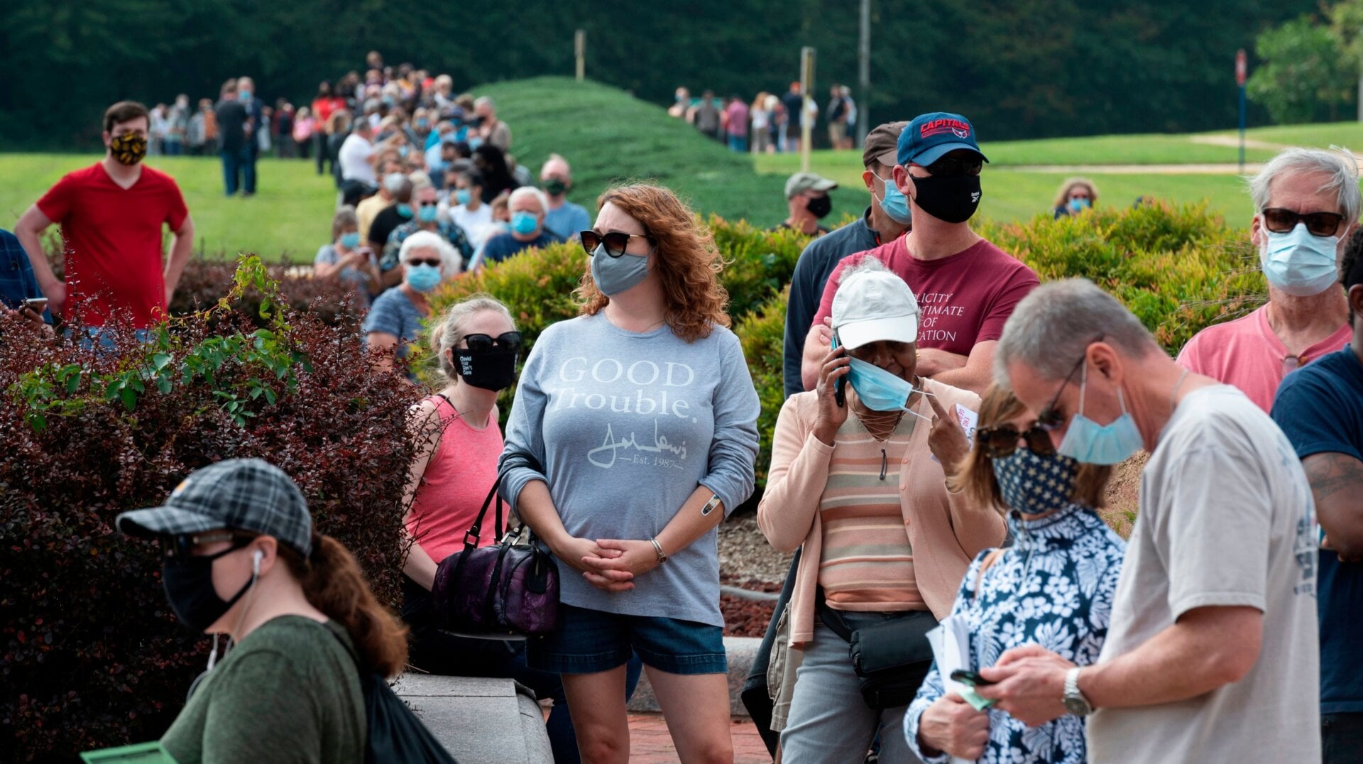 Voters line up in Fairfax, Virginia on Sept. 18, 2020.