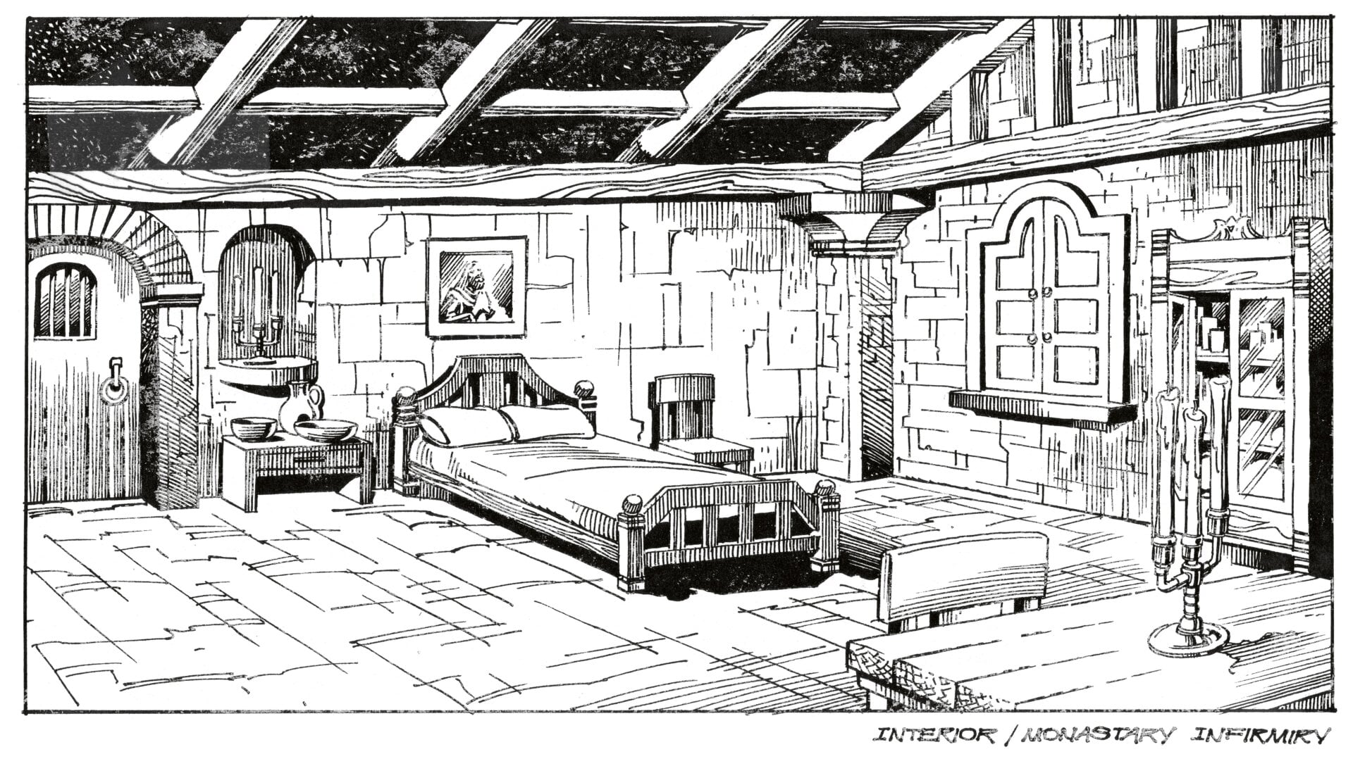 Interiors of a monastery bedroom.