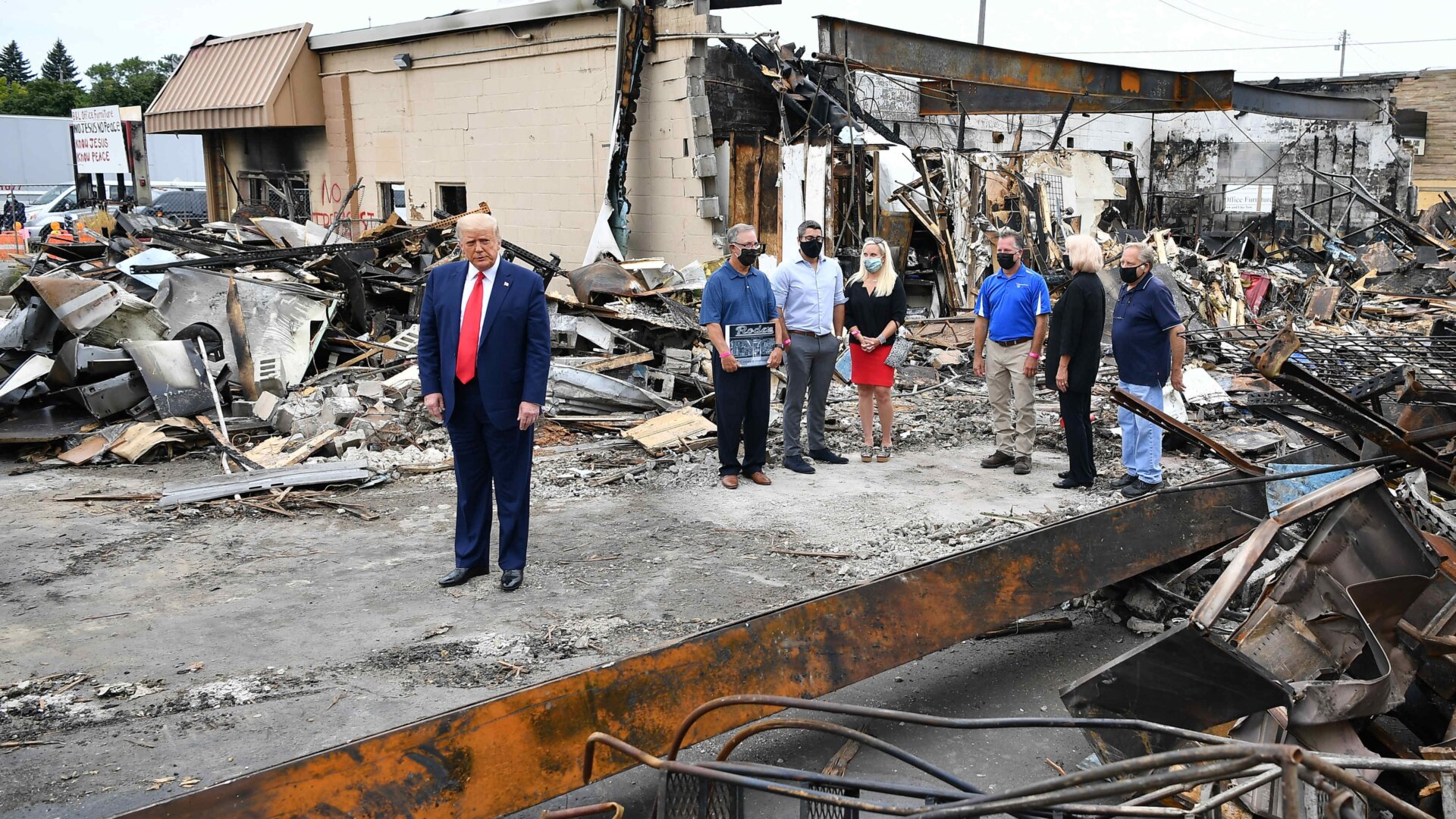 U.S. President Donald Trump tours an area affected by civil unrest in Kenosha, Wisconsin on Sept. 1, 2020